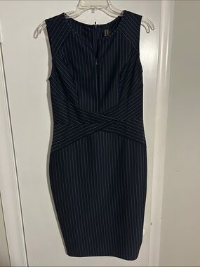 VfEmage Navy Pinstripe Midi Sheath Dress